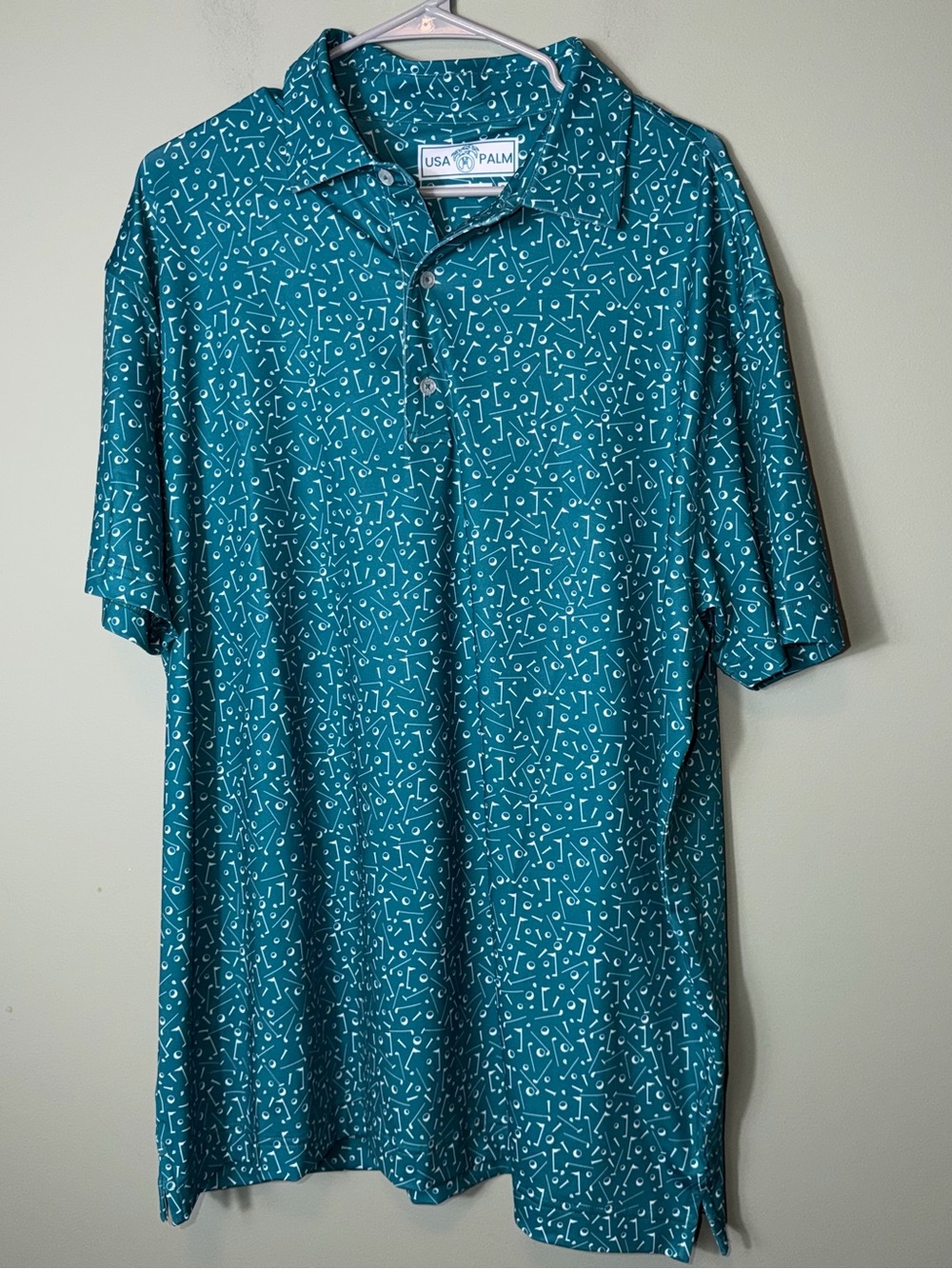 USA PALM Golf Men’s Short Sleeve Performance Polo All Over Teal/White Print XXL